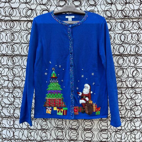 Vintage Blue Light Weight Christmas Cardigan Sweater Santa Presents Tree SMALL - Picture 1 of 9